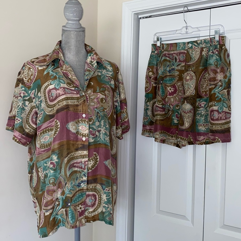 Vintage Snow 100% Silk Paisley Print Matching Shirt & Shorts Set Size Large